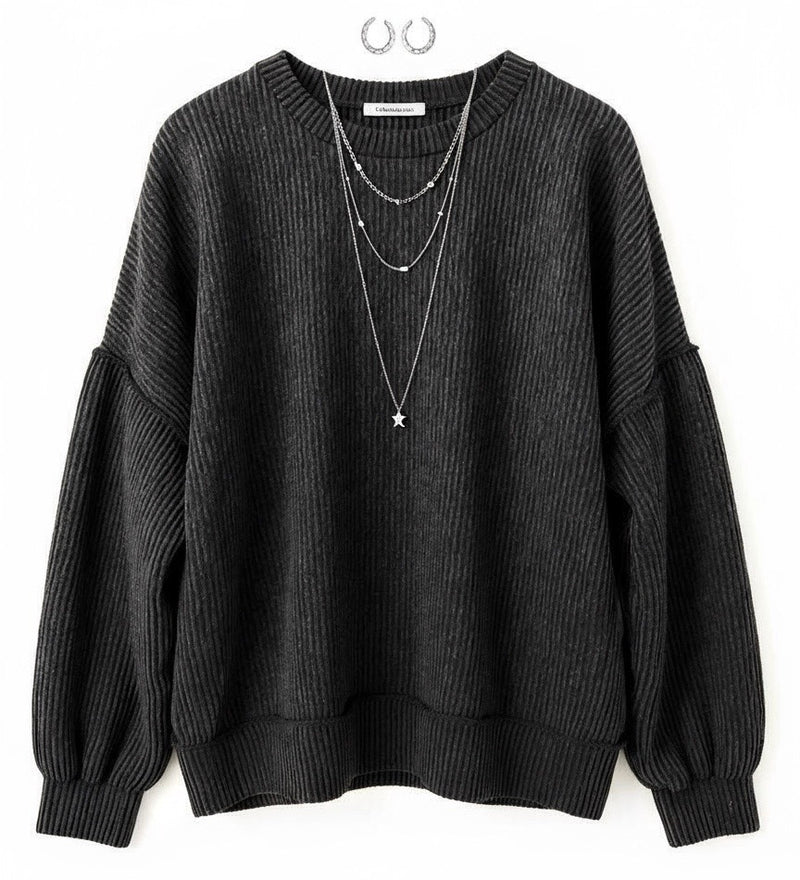 "Nikki" Curly Ribbed Pullover, Charcoal