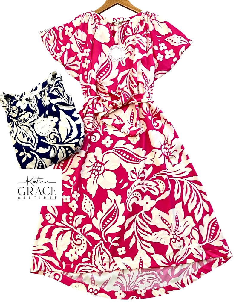 "Joy" Floral Midi Dress with Waist Tie