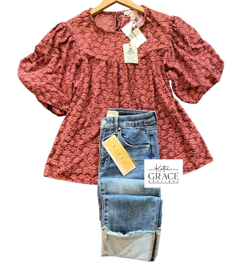 "Hallie" Textured Tonal Floral Top, Marsala - The Katie Grace Boutique