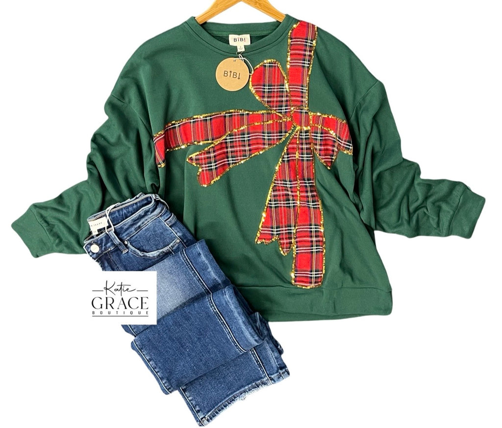 "Christi" Plaid Bow Pullover