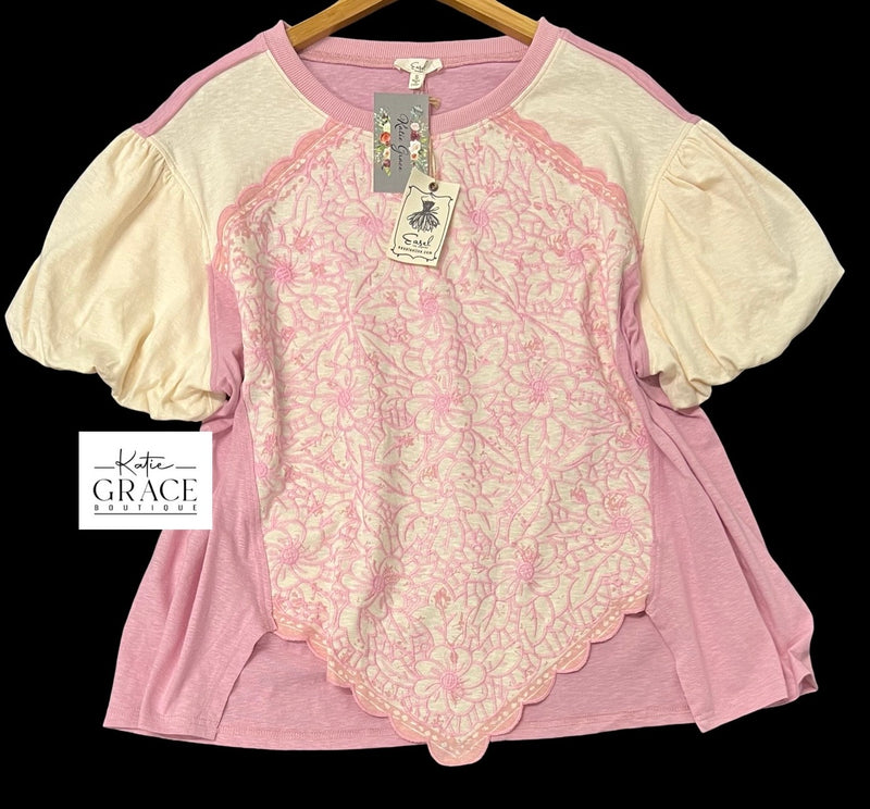 "Patrice" Bubble Sleeve Embroidered Top - The Katie Grace Boutique