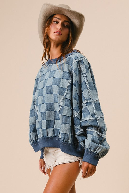 "Lily" Denim Check Pullover - The Katie Grace Boutique