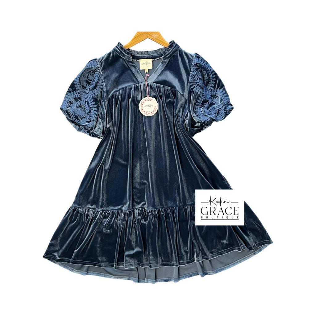 "Nora" Velvet Dress with Embroidered Sleeves, Blue - The Katie Grace Boutique