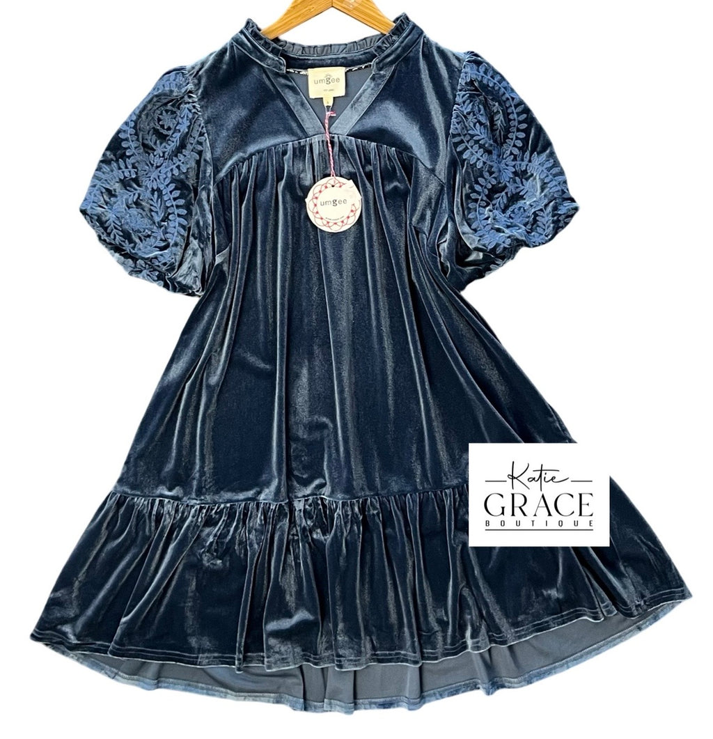 "Nora" Velvet Dress with Embroidered Sleeves, Blue - The Katie Grace Boutique