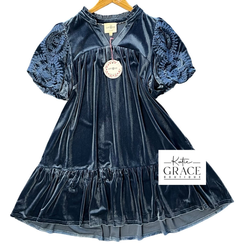 "Nora" Velvet Dress with Embroidered Sleeves, Blue