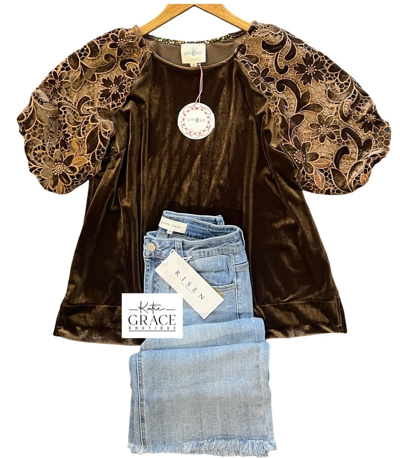 "Sydney" Velvet Blouse with Lace Sleeves - The Katie Grace Boutique