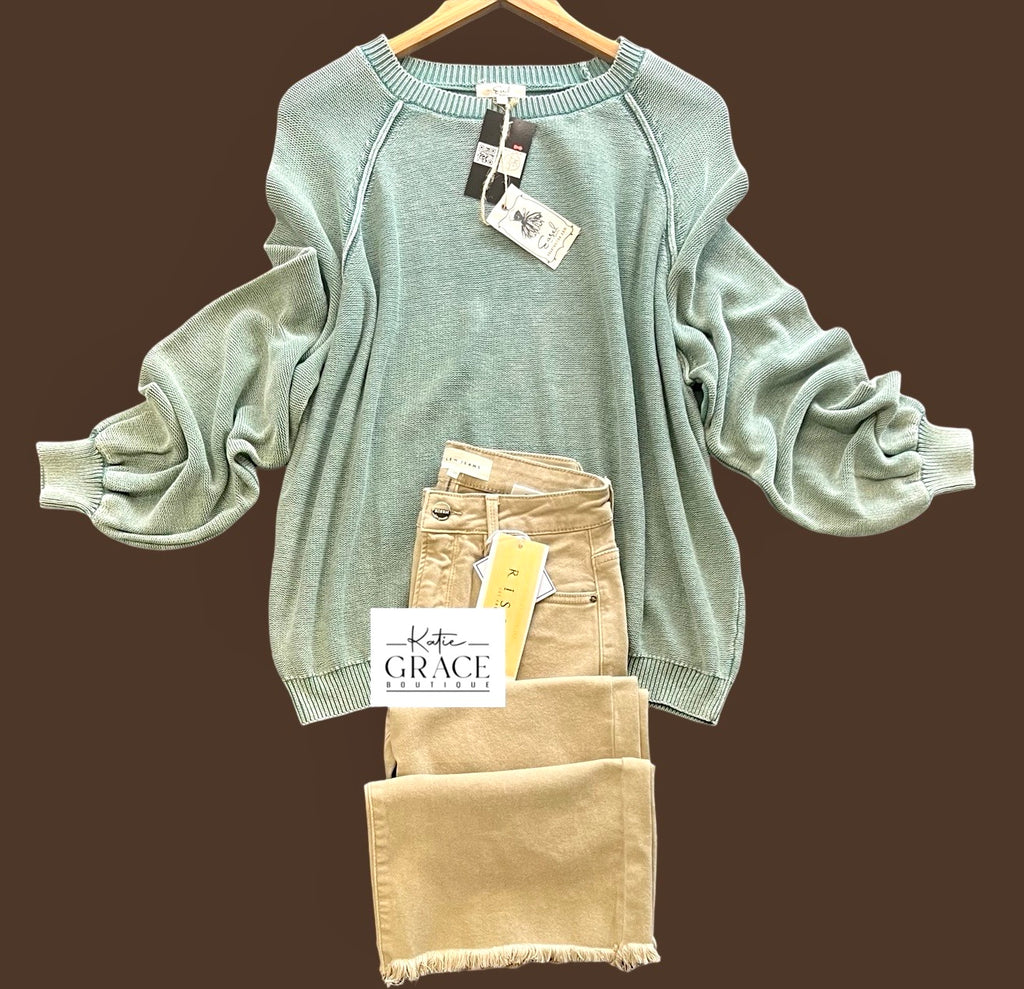 "Maisie" Mineral Washed Sweater, Pacific Green - The Katie Grace Boutique