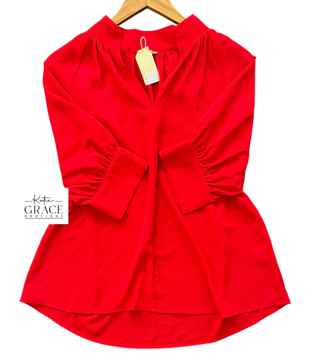 "Emery" 3/4 Sleeve Blouse, Red - The Katie Grace Boutique