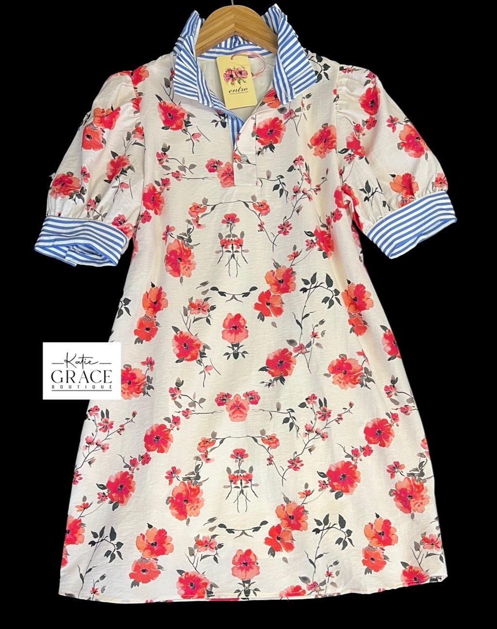 "Aria" Floral Dress with Striped Contrast - The Katie Grace Boutique