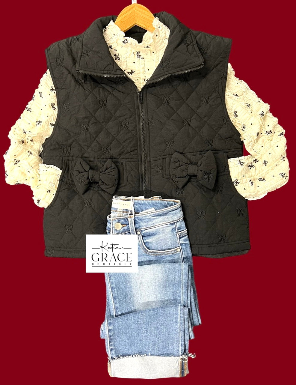 "Maxine" Quilted Vest with Embroidered Bows