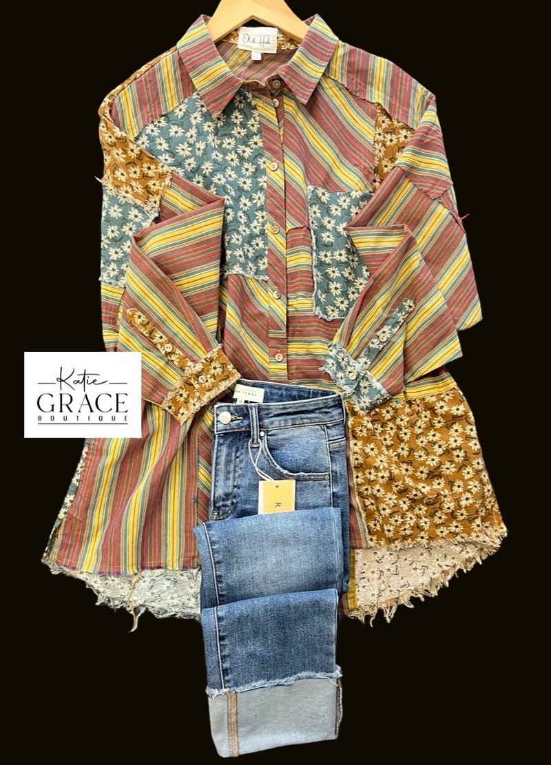 "Sage" Multi Fabric Button Down Top - The Katie Grace Boutique