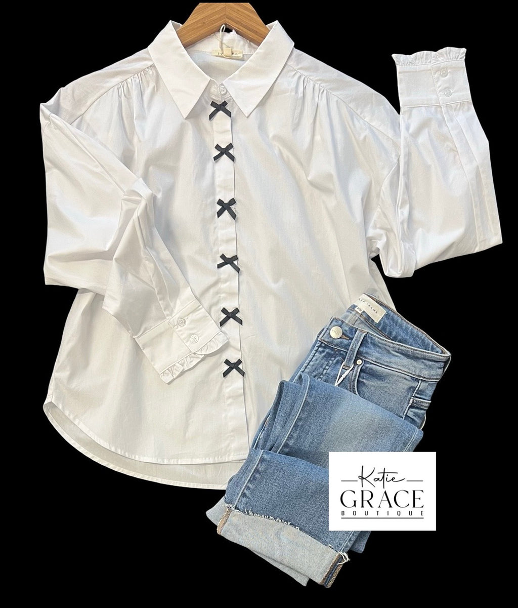 "Dahlia" Poplin Blouse with Bows - The Katie Grace Boutique