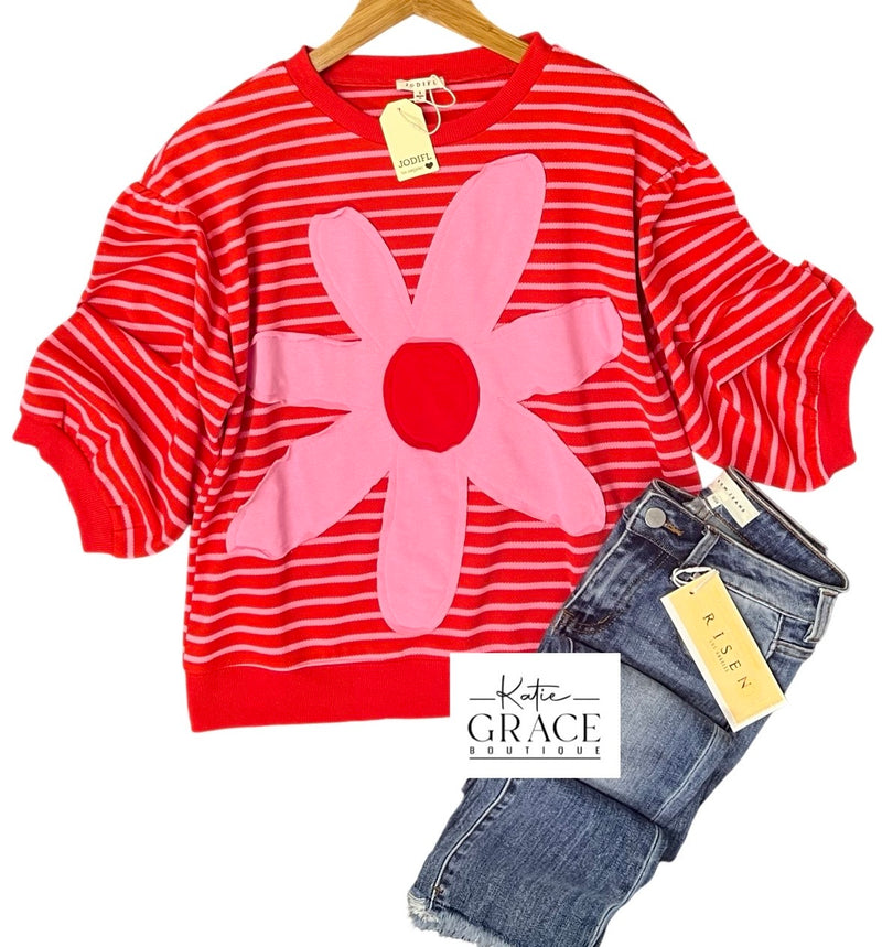 "Cheri" Striped Top with Applique - The Katie Grace Boutique