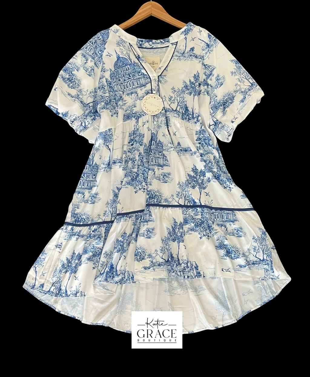 "Everly" Toile Satin Dress, now in Blue XL-2XL - The Katie Grace Boutique