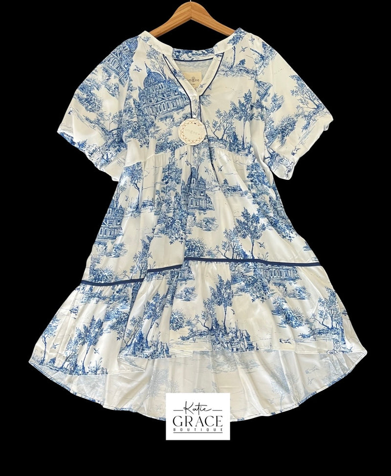 "Everly" Toile Satin Dress, now in Blue XL-2XL - The Katie Grace Boutique