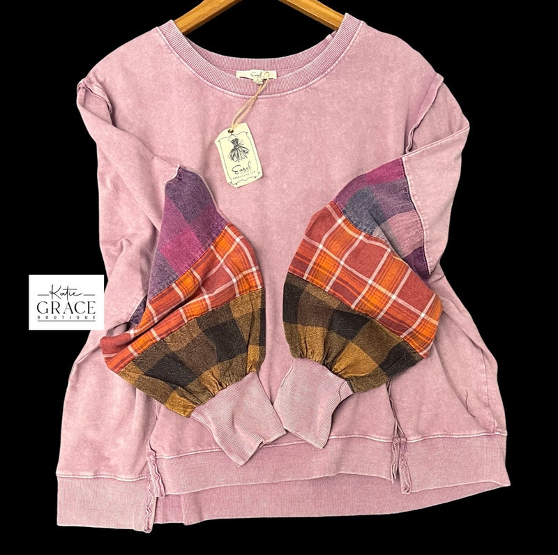 "Tara" Mineral Washed Pullover with Mixed Plaid - The Katie Grace Boutique