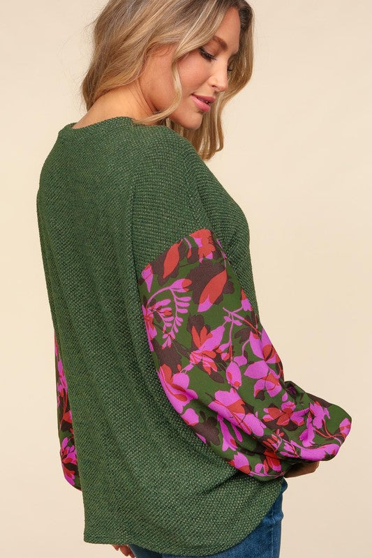 "Aliana"Textured Top with Floral Sleeves - The Katie Grace Boutique