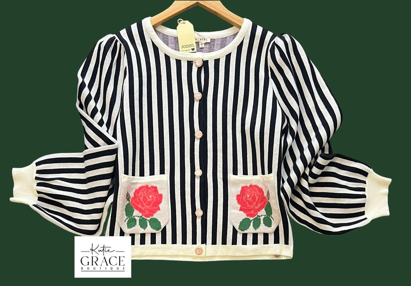 "Rosie" Striped Button Down Sweater - The Katie Grace Boutique