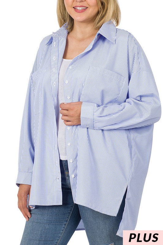 "Pamela" Oversized Striped Button Down Tunic Blouse