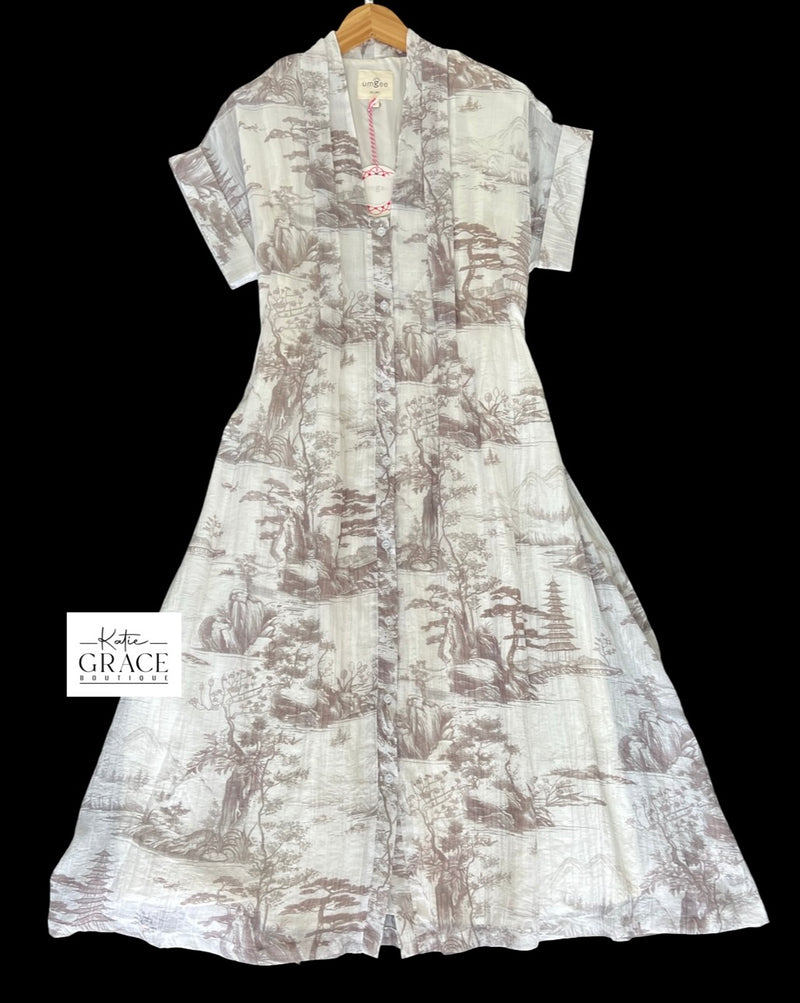"Ophelia" Toile Midi Dress, Taupe - The Katie Grace Boutique