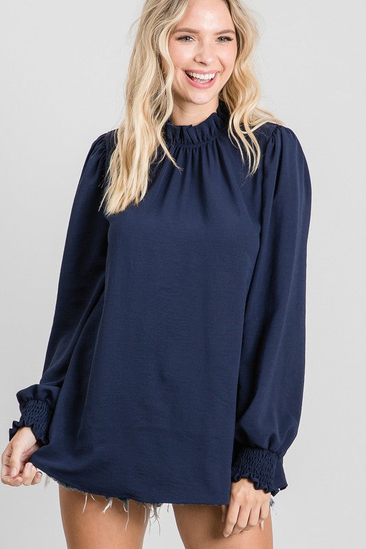 "Misty" Ruffled Neck Blouse, Navy - The Katie Grace Boutique