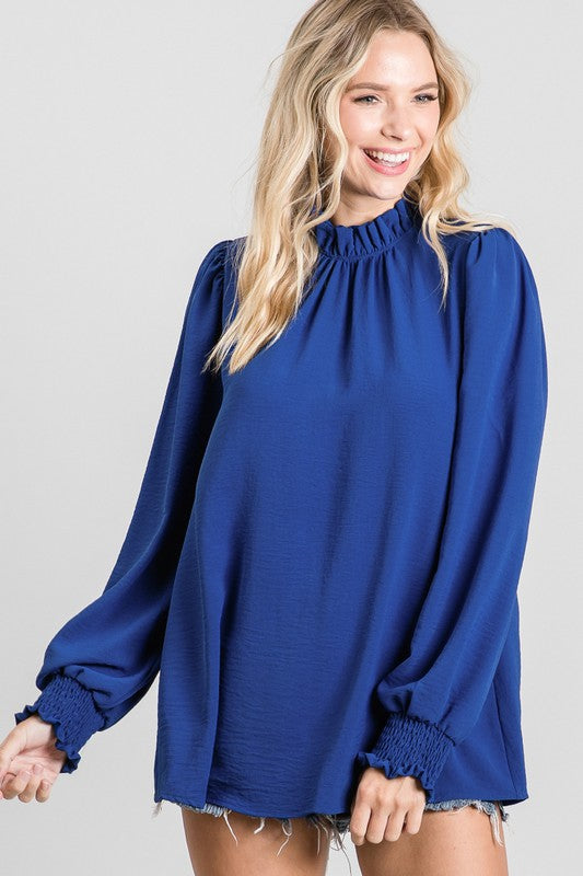 "Misty" Mock Neck Blouse, Royal Blue - The Katie Grace Boutique