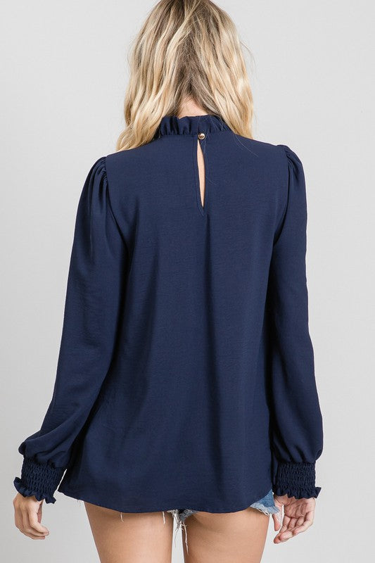 "Misty" Ruffled Neck Blouse, Navy - The Katie Grace Boutique