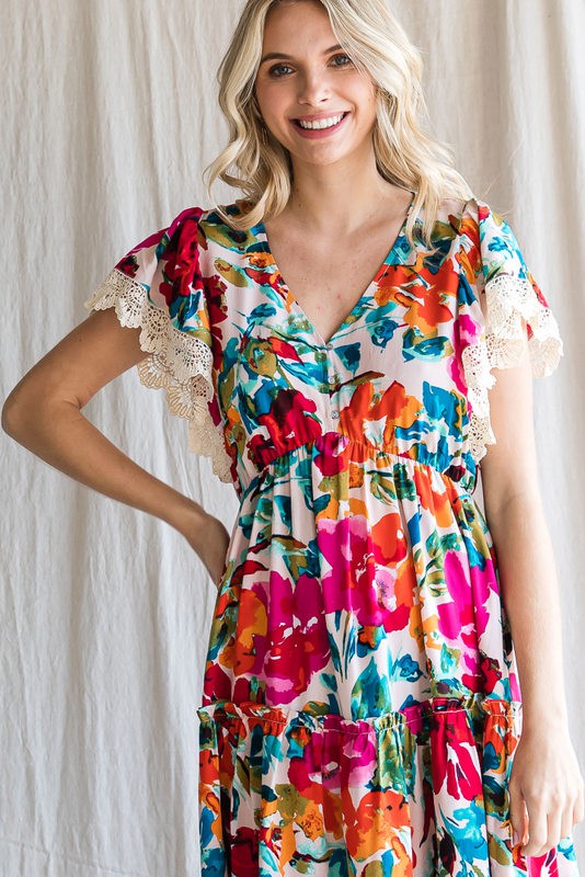 Last One! “Zelda" Floral Dress with Crochet Sleeves