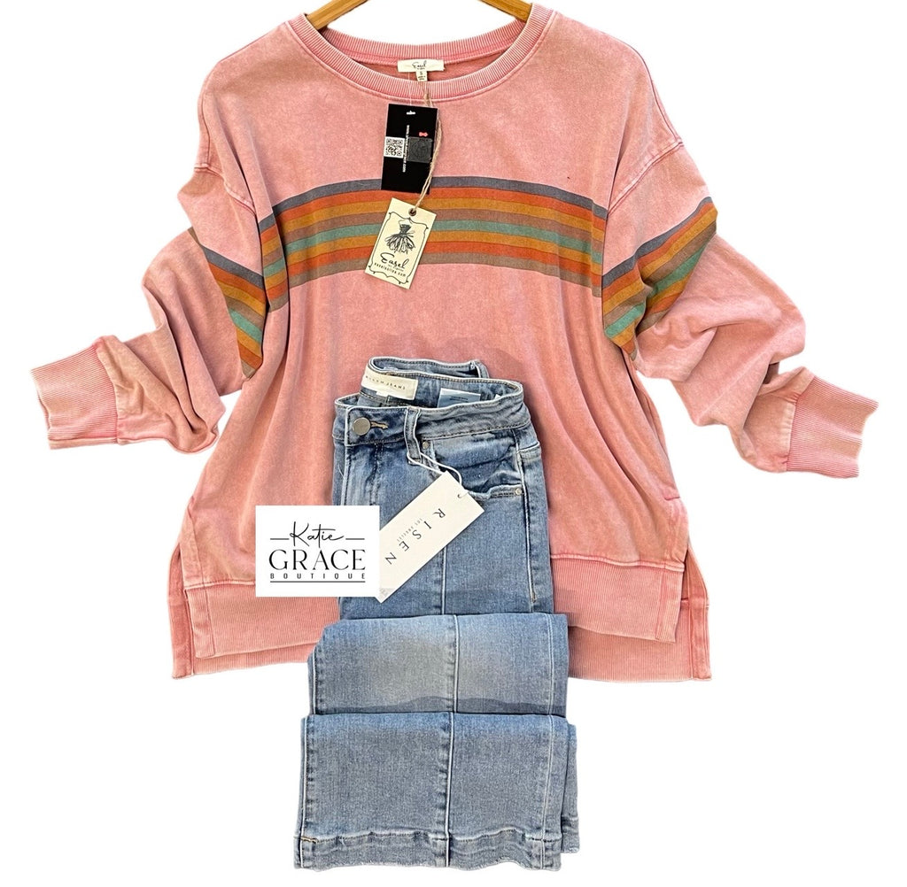 "Marley" Mineral Washed Striped Pullover, Rose - The Katie Grace Boutique