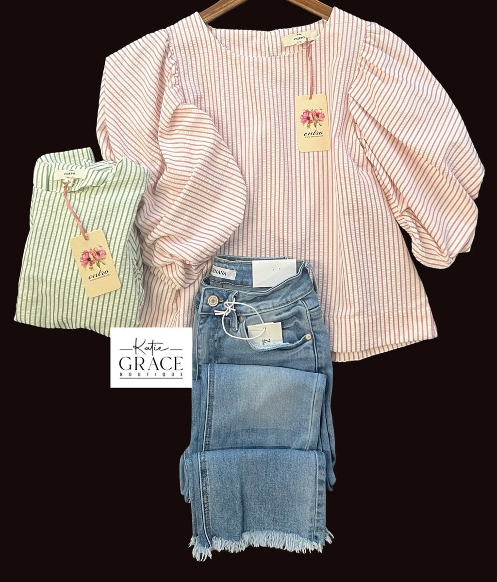 "Cherie" Seersucker Striped Blouse - The Katie Grace Boutique