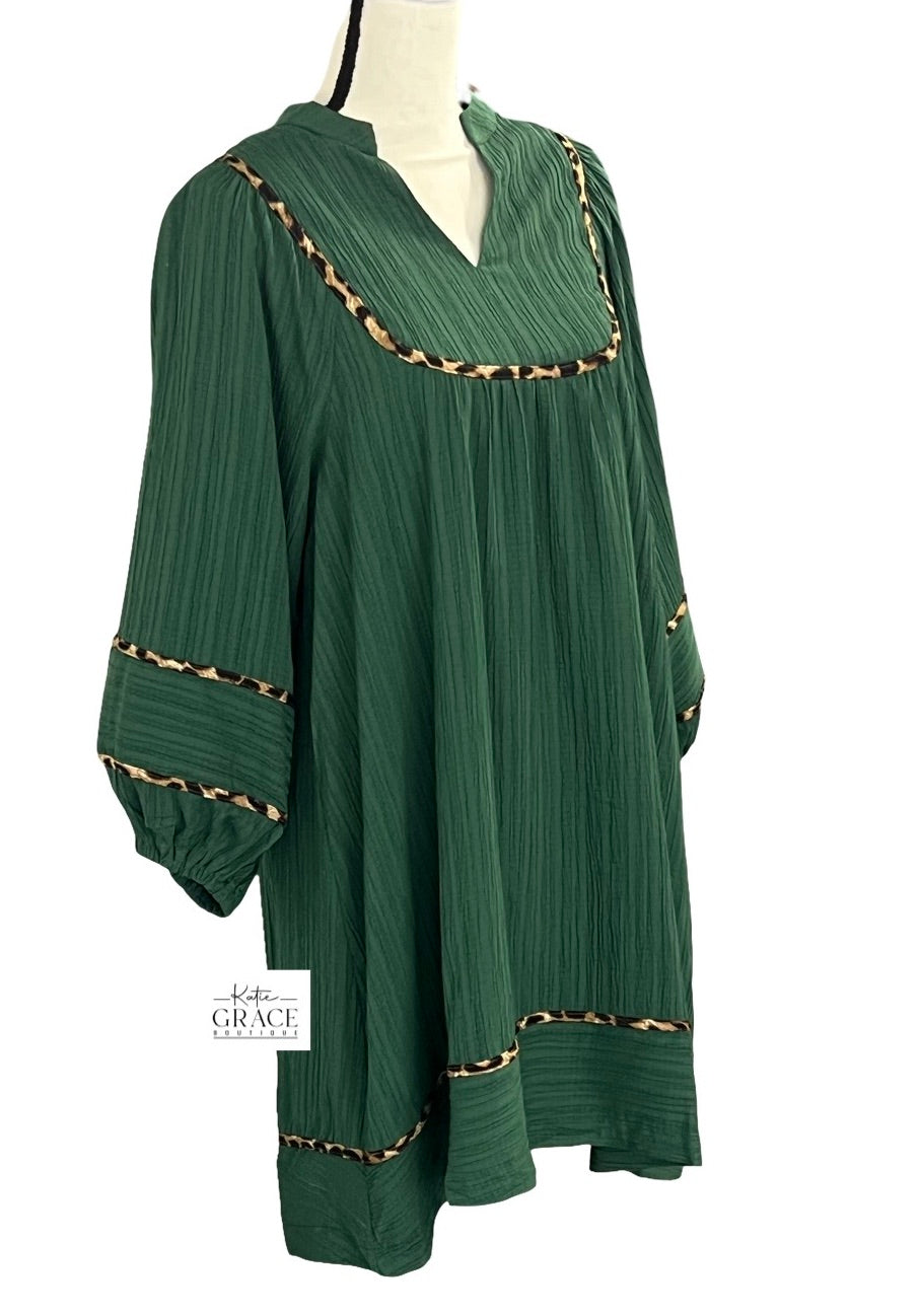 "Nichole" Dress with Leopard Trim - The Katie Grace Boutique