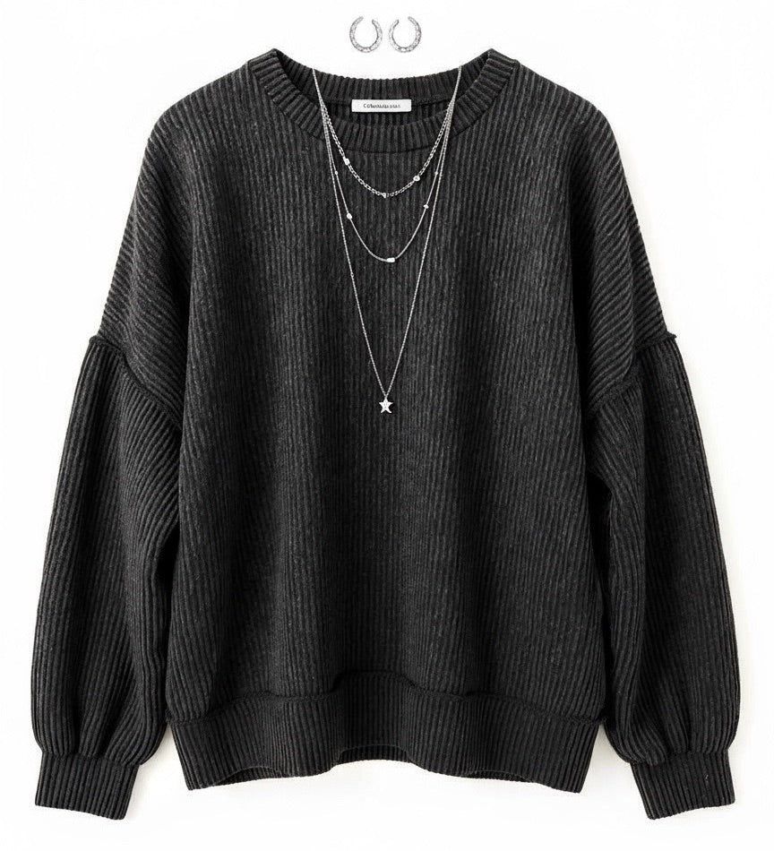 "Nikki" Curly Ribbed Pullover, Charcoal - The Katie Grace Boutique