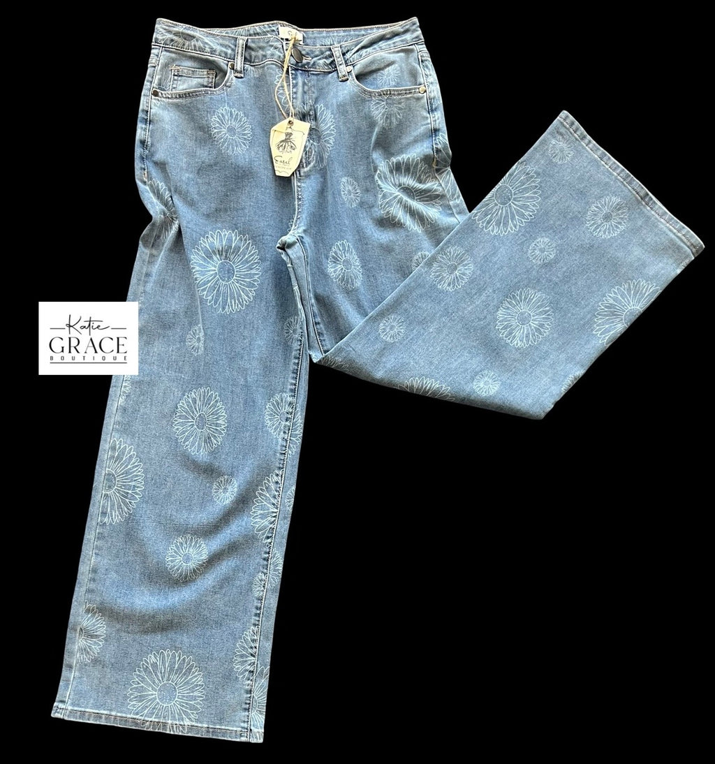 "June" Wide Leg Flower Jeans - The Katie Grace Boutique