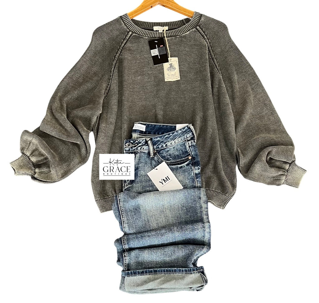 "Joy" Mineral Washed Sweater - The Katie Grace Boutique