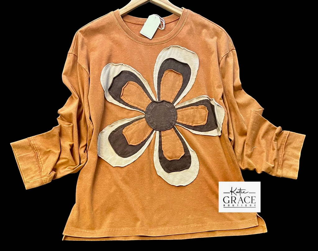 "Frankie" Mineral Washed Applique Top, Toffee