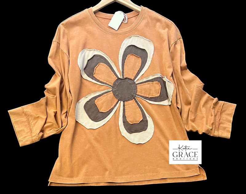 "Frankie" Mineral Washed Applique Top, Toffee