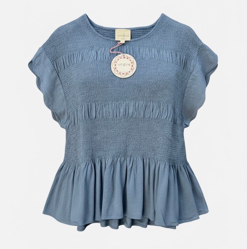 "Emma" Peplum Smocked Top, Blue - The Katie Grace Boutique