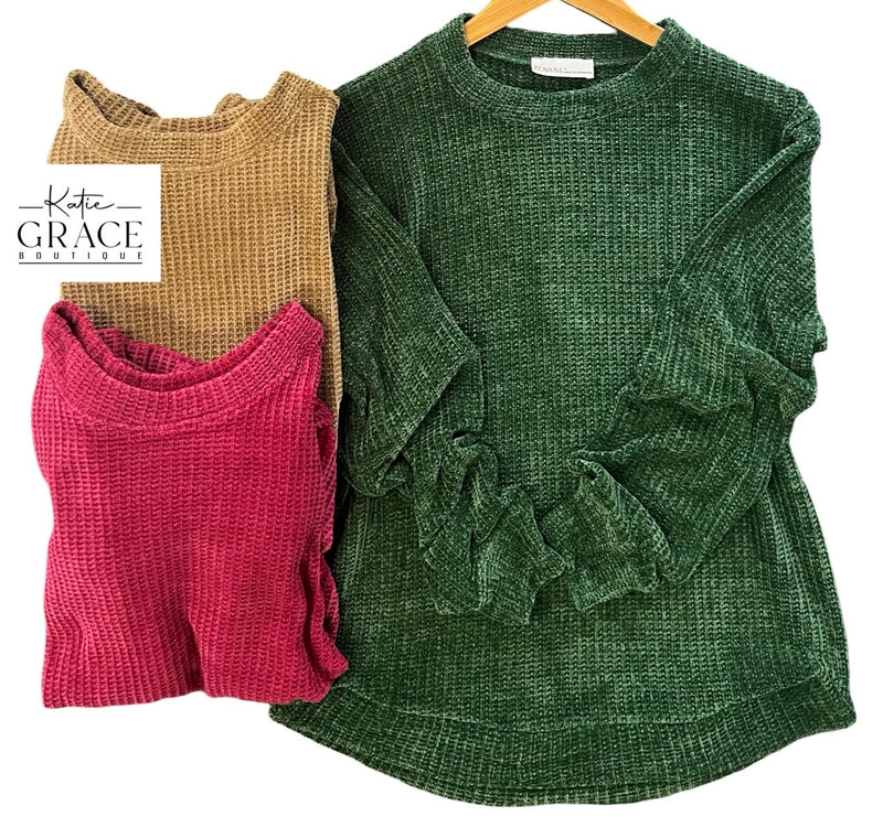 "Abigail" Waffle Knit Chenille Sweater, 3 colors - The Katie Grace Boutique