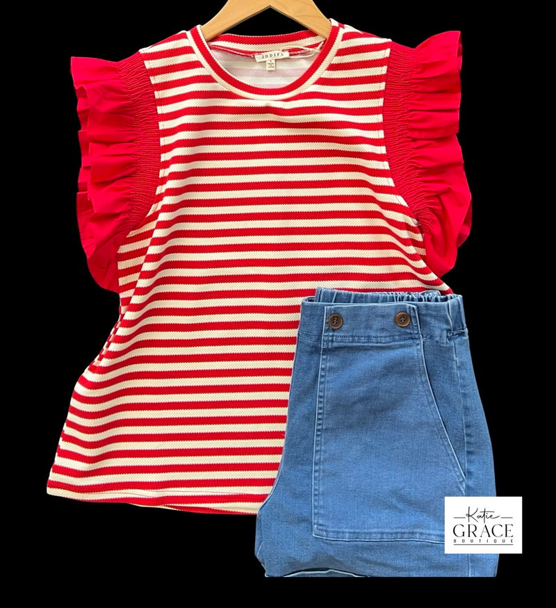 "Lori" Ruffled Sleeve Top, Red