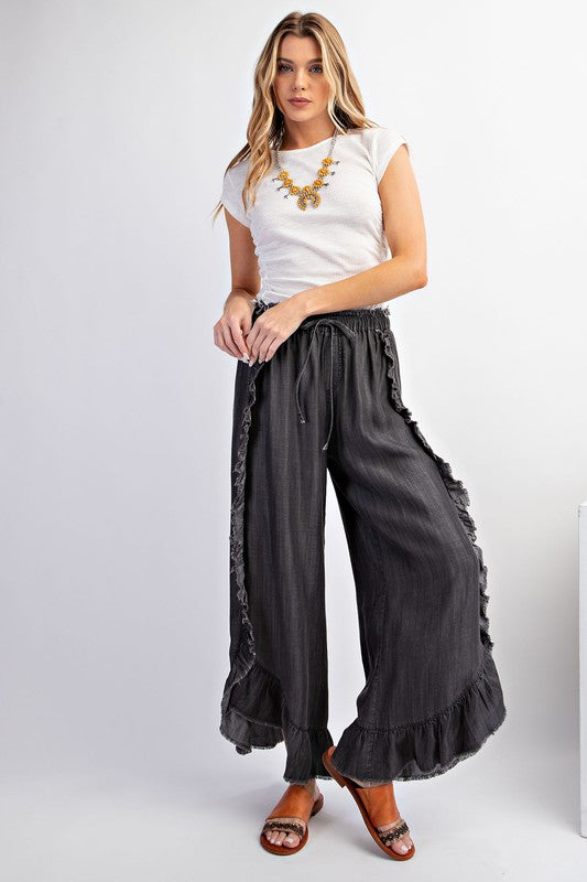 Restocked! "Irma" Tencel Ruffled Pants, Washed Black - The Katie Grace Boutique