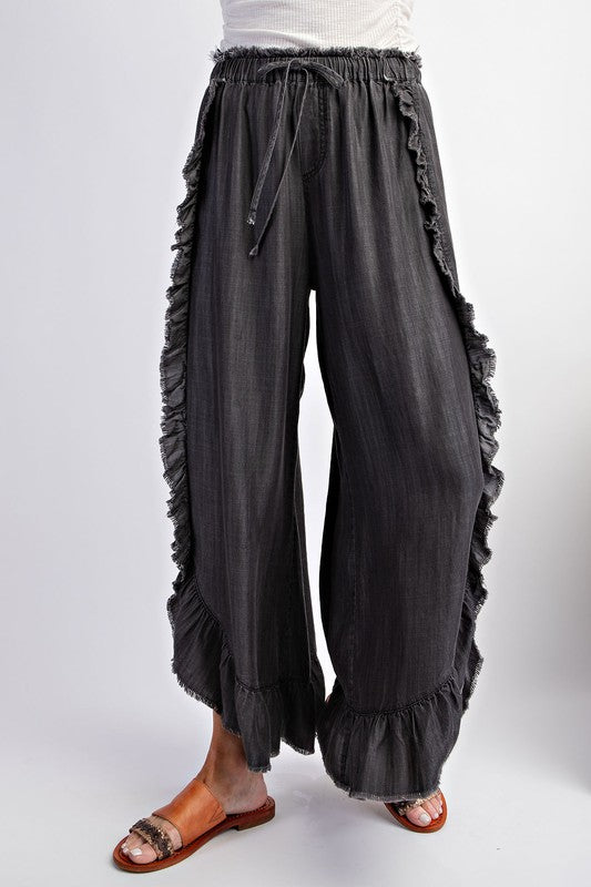 Restocked! "Irma" Tencel Ruffled Pants, Washed Black - The Katie Grace Boutique