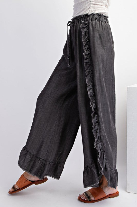 Restocked! "Irma" Tencel Ruffled Pants, Washed Black - The Katie Grace Boutique