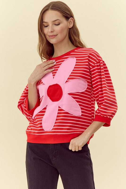 "Cheri" Striped Top with Applique - The Katie Grace Boutique