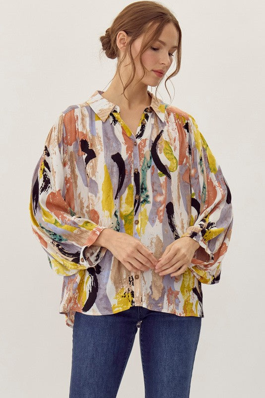 "Aurora" Abstract Watercolor Print Blouse - The Katie Grace Boutique