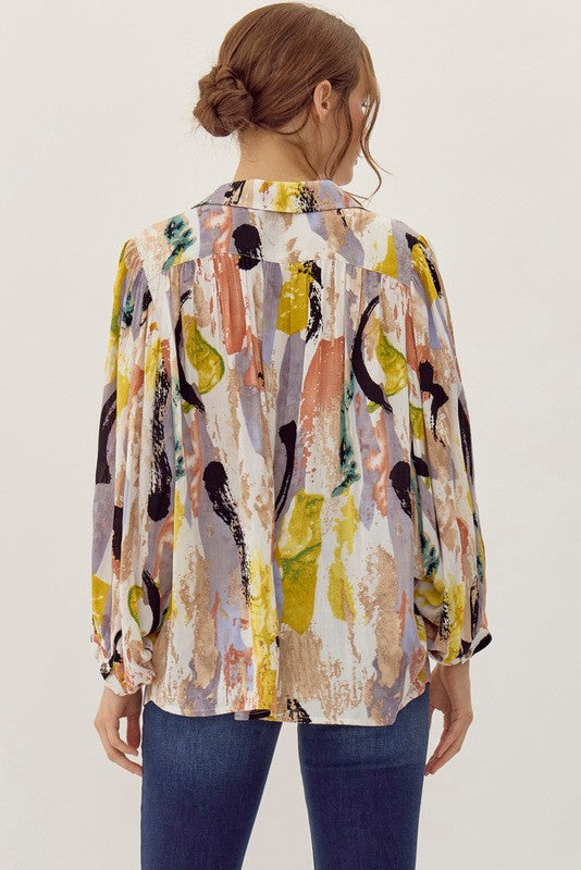 "Aurora" Abstract Watercolor Print Blouse - The Katie Grace Boutique