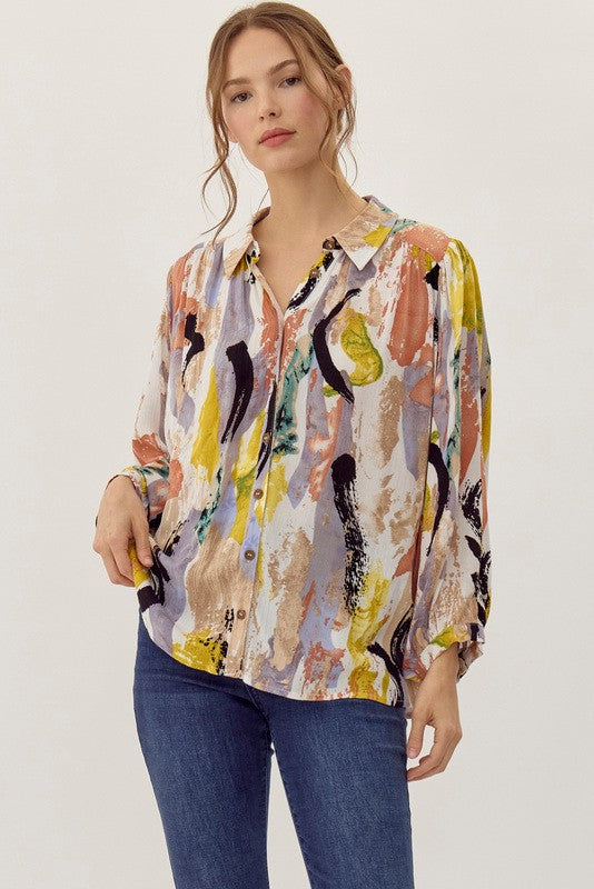 "Aurora" Abstract Watercolor Print Blouse - The Katie Grace Boutique