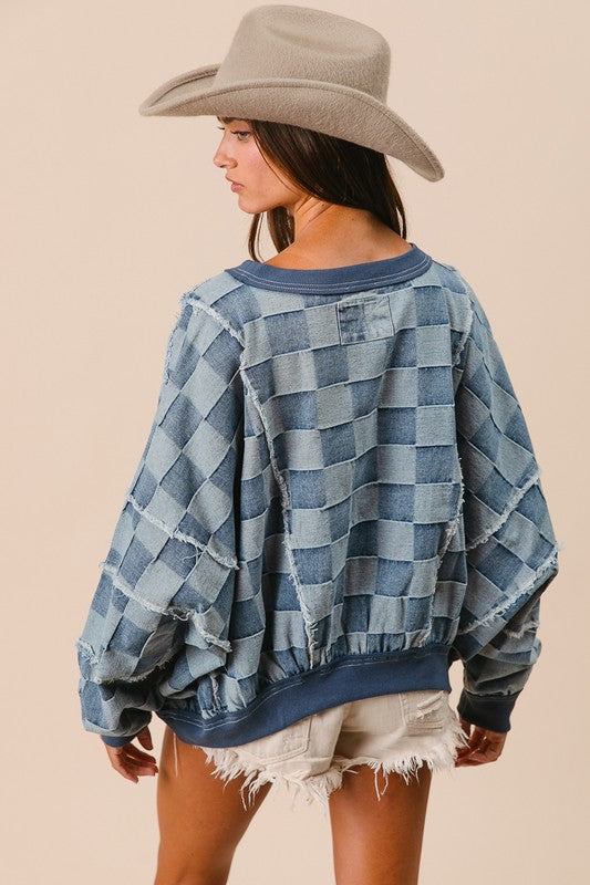 "Lily" Denim Check Pullover - The Katie Grace Boutique