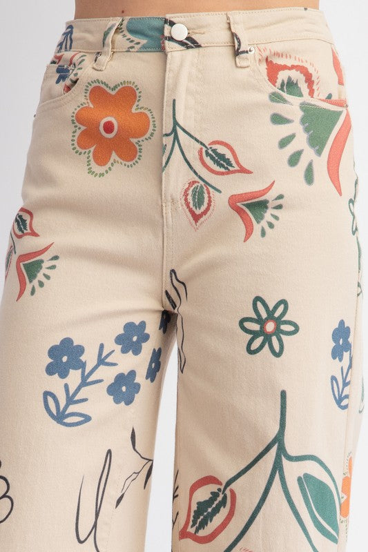 "Maddie" Floral Jeans, Beige - The Katie Grace Boutique