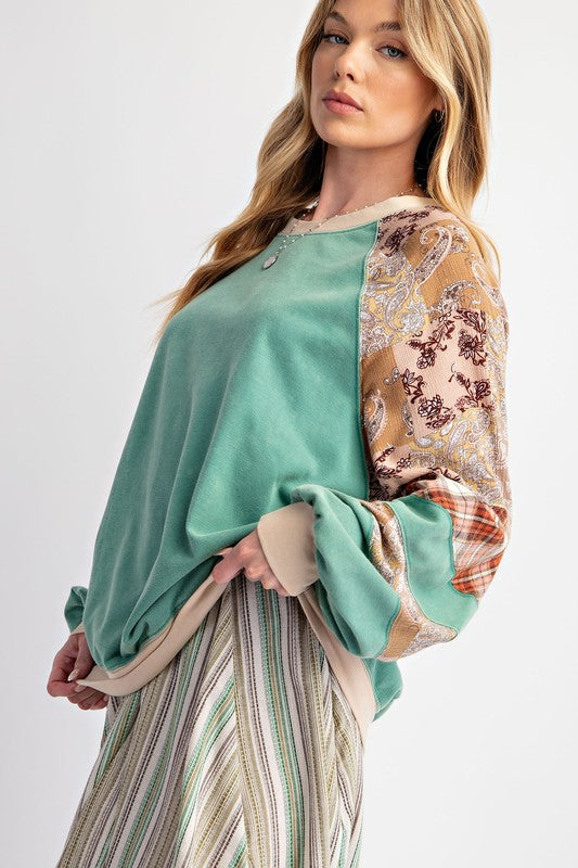 "Kendall" Printed Sleeve Pullover, Mint - The Katie Grace Boutique