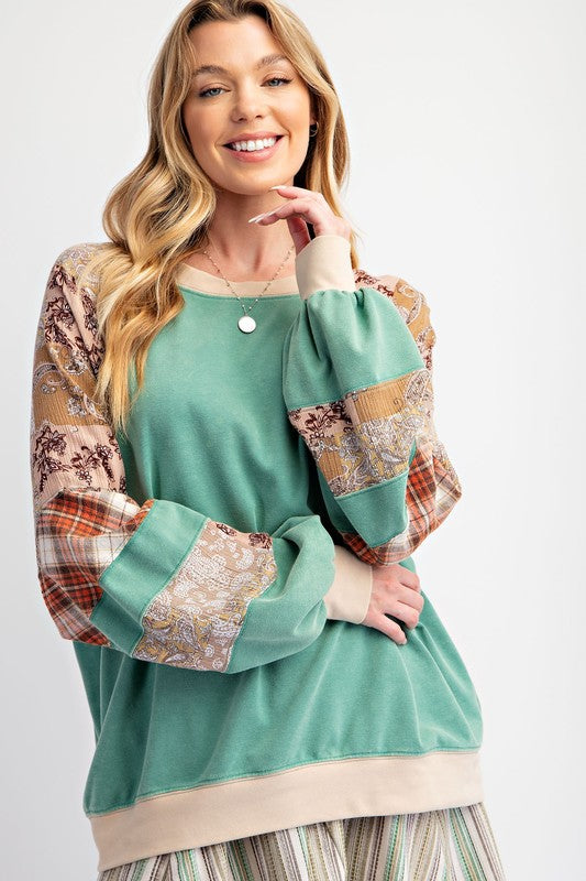 "Kendall" Printed Sleeve Pullover, Mint - The Katie Grace Boutique